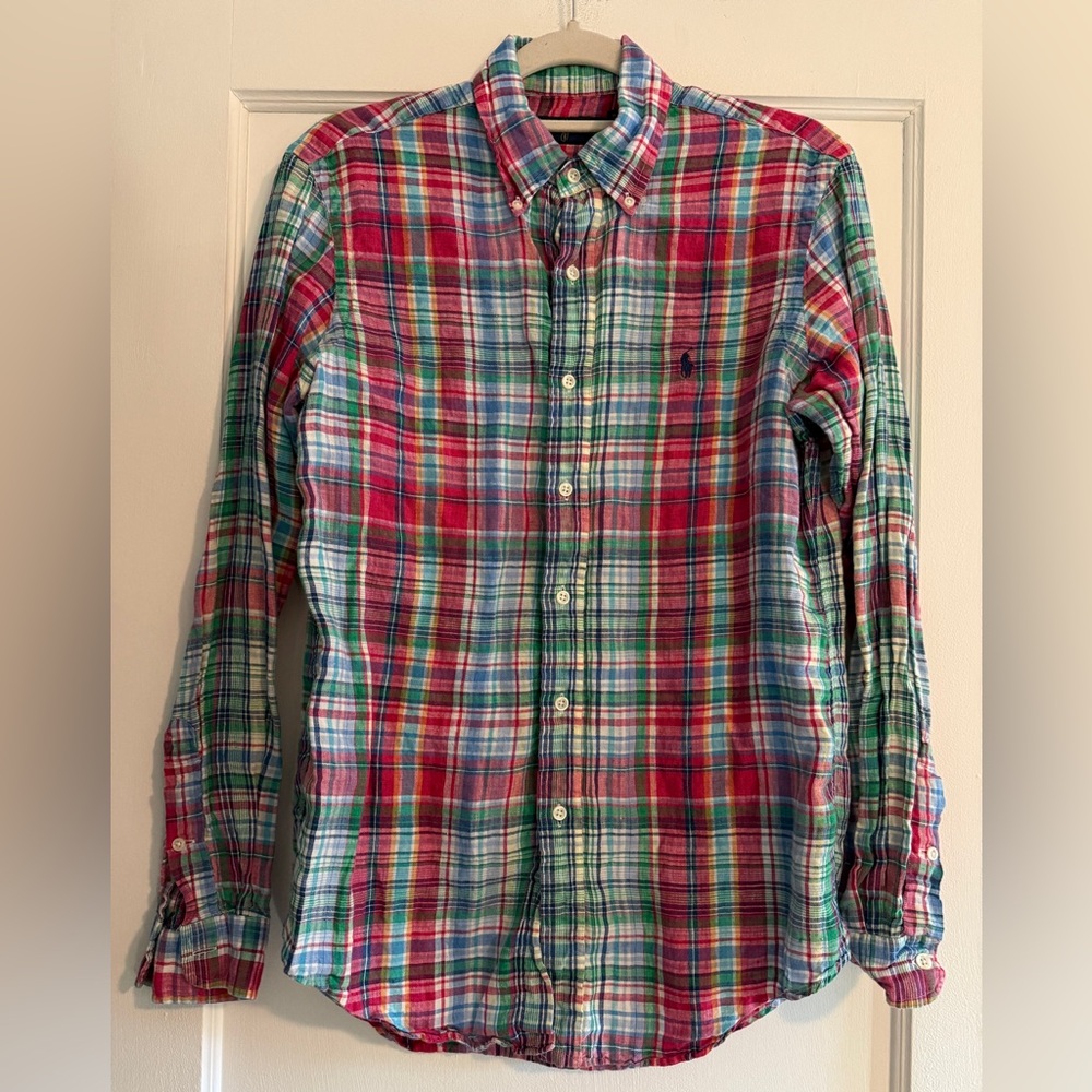 Ralph Lauren Mens Madras Plaid 100% Linen Long Sleeve Button Front Shirt Small
